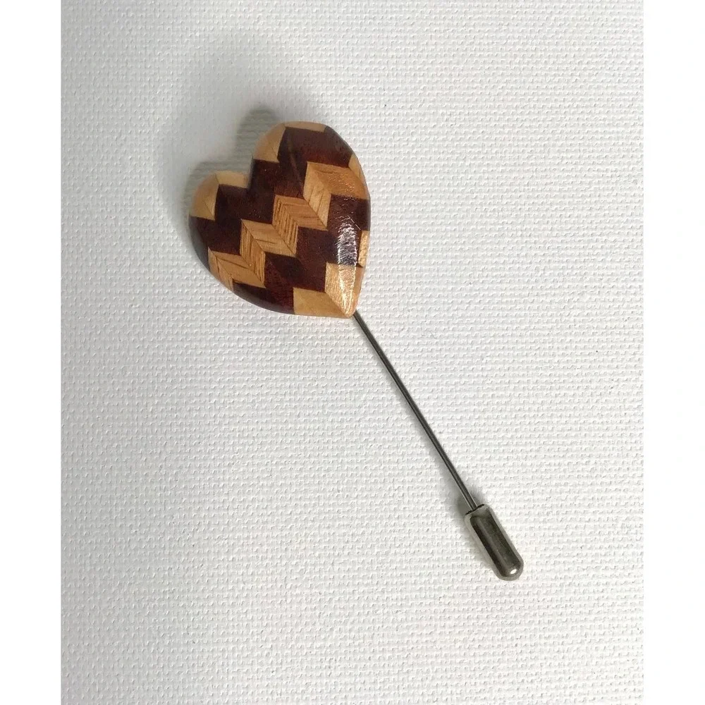 Vintage Wooden Heart Stick Pin Marquetry Lapel Pin Western Cottage Boho Priarie